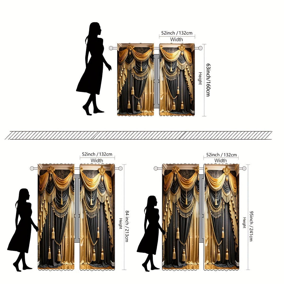 2pc Black and Gold Semi-Sheer Polyester Valance Curtains Rod Pocket for Living Room Bedroom