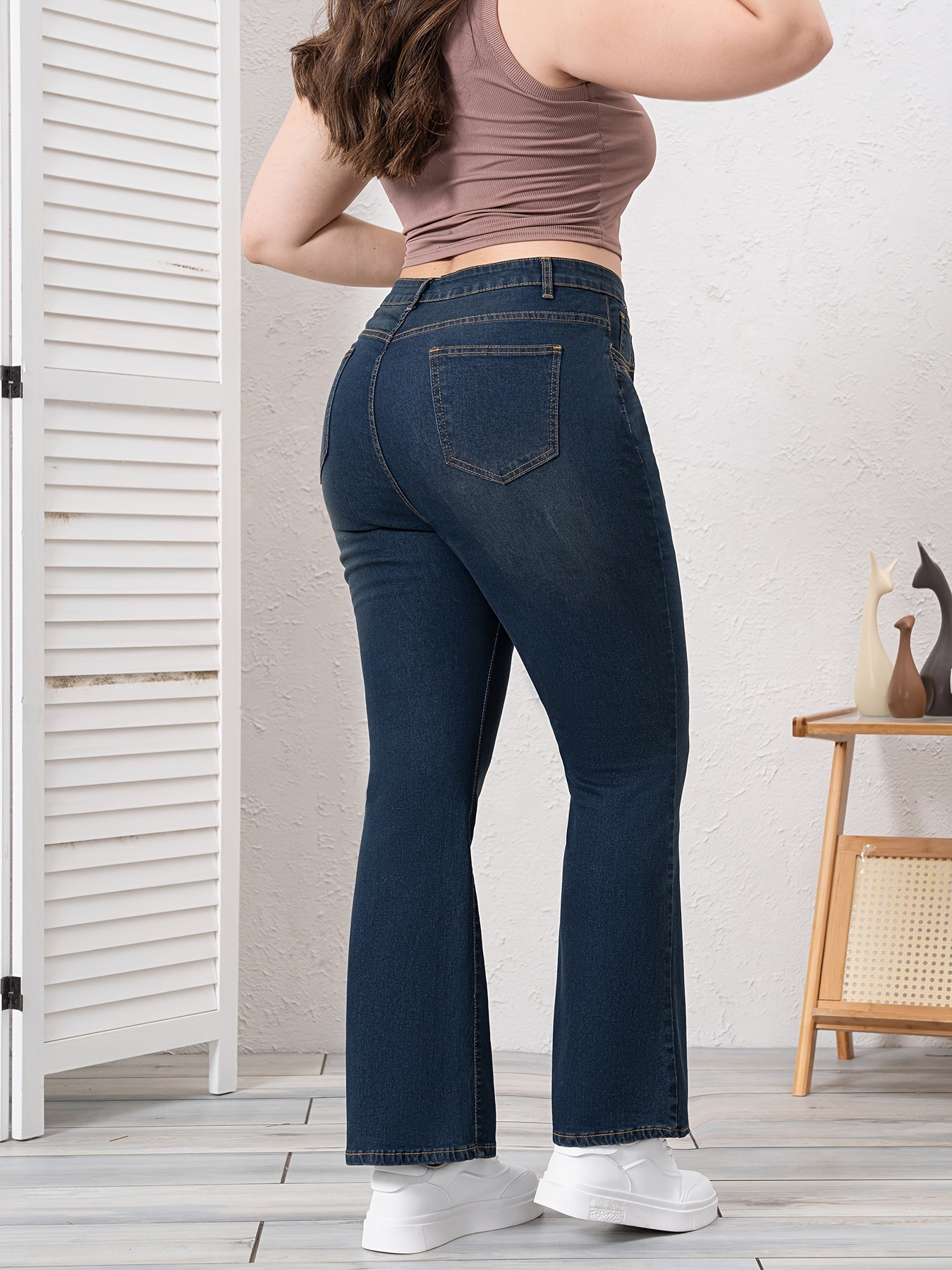 Plus Size Women's Denim Bootcut Jeans Blue Casual Zipper Button Closure