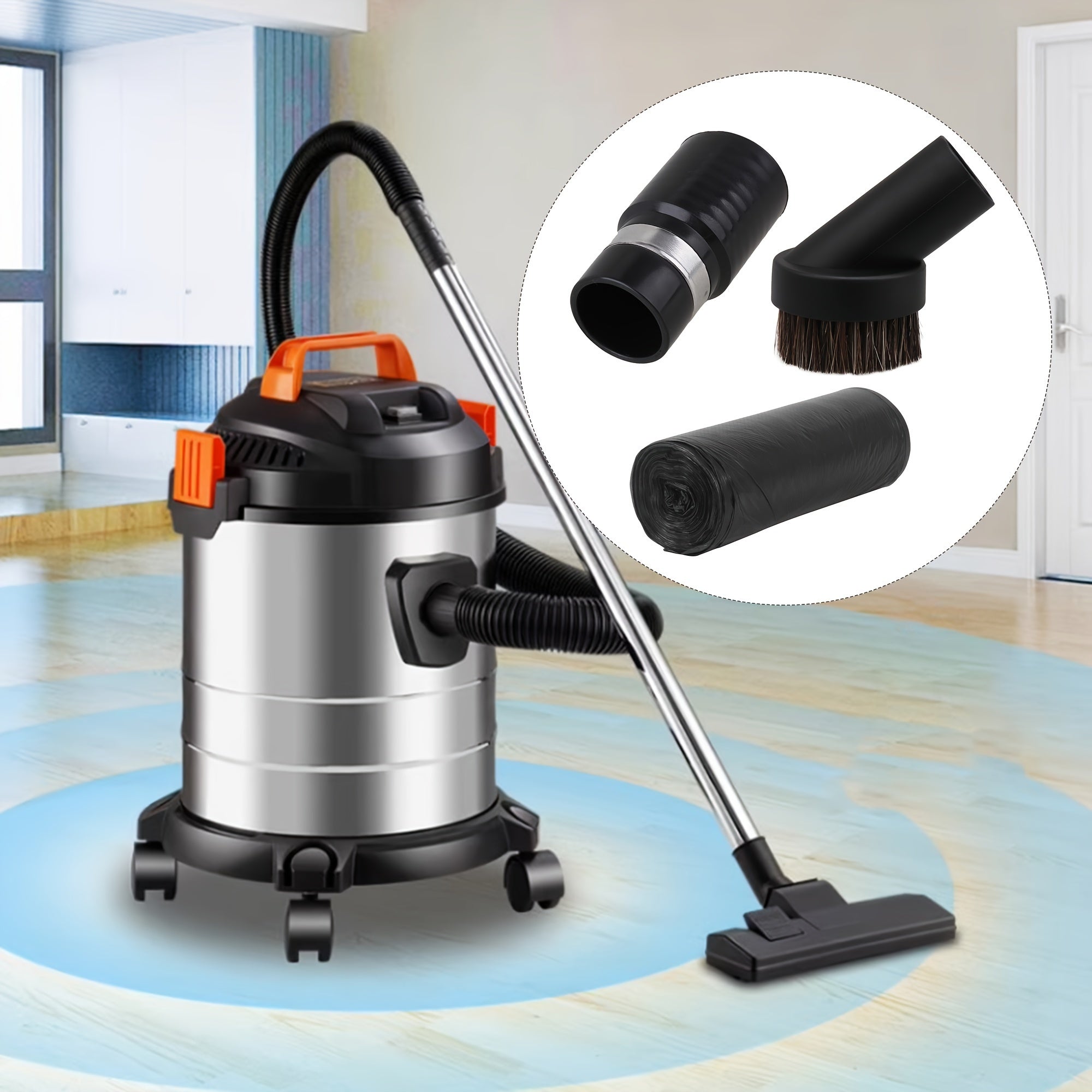 1 Ta'sirli changyutgich uchun dumaloq cho'tka qo'shimchasi, 32mm ichki diametri, 25mm cho'tka uzunligi, qora; 1 32mm quvur ulanishi, 2 oq nylon qo'lqop, 20 biodegradatsiyalanuvchi qalin tekis og'zli chiqindi sumkalari