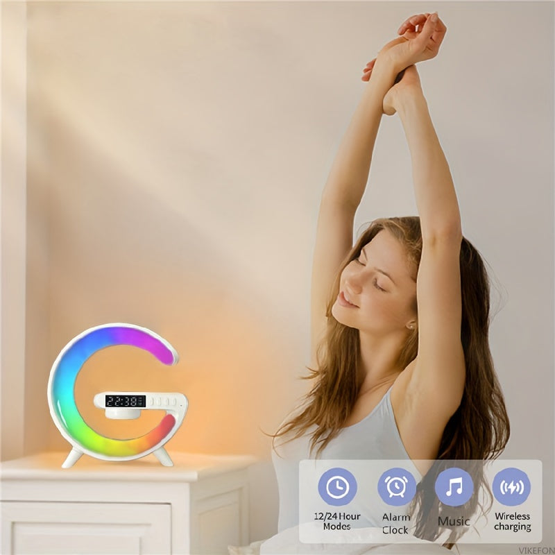 Wireless Charger Stand with RGB Lights Alarm Clock and Speaker for Bedroom and Living Room Decor