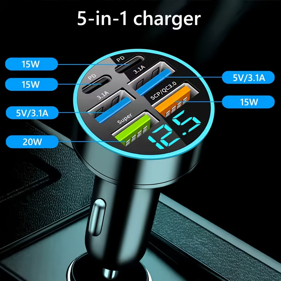Car USB C Charger 250W, 6 Ports, Fast Charging, Digital Display