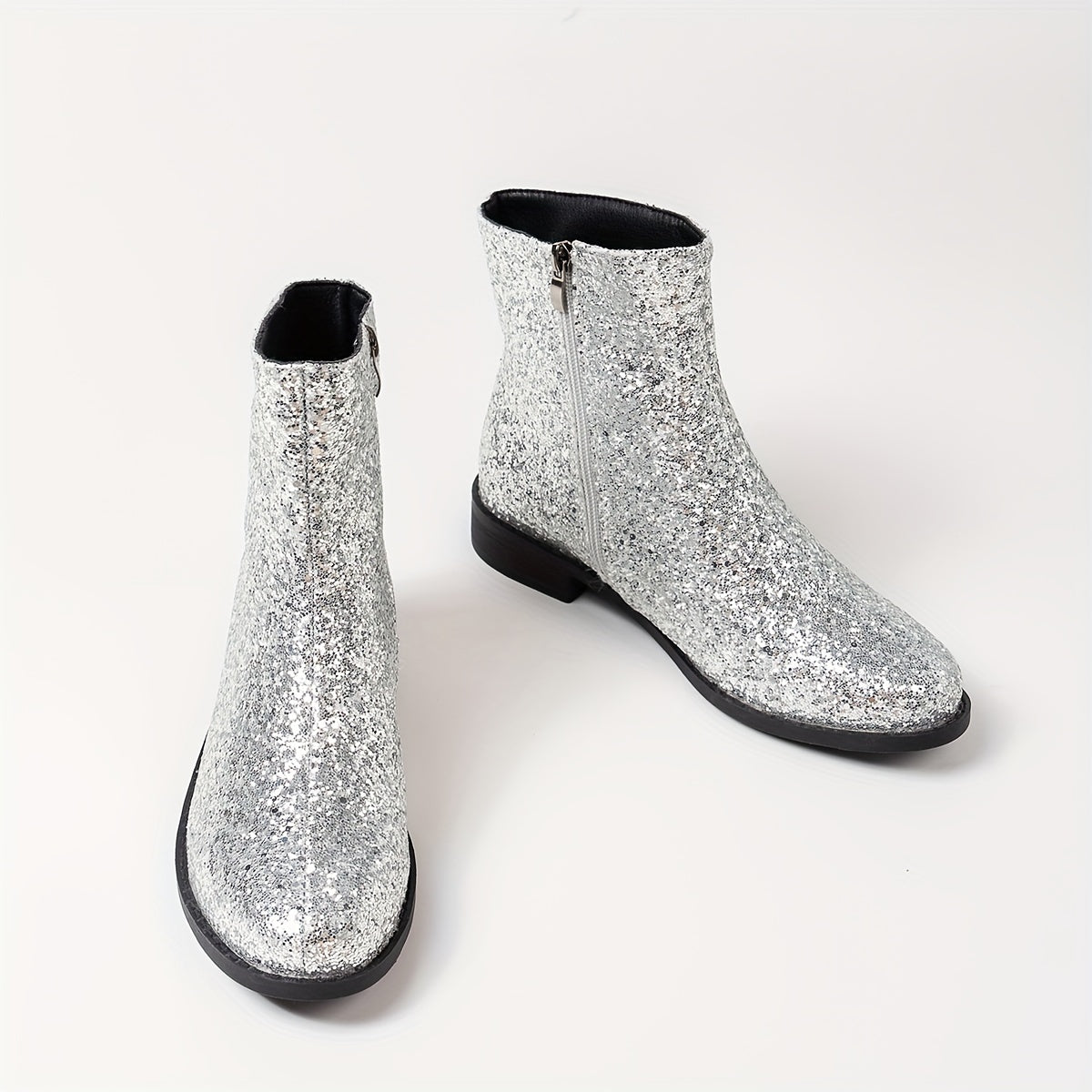 Women's Solid Color Sequin Short Boots with Zipper Warm Chunky Heel
