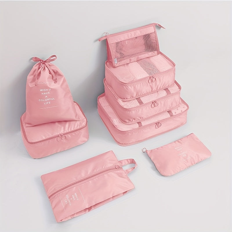Pink Travel Organizer Set with 8 Pieces Polyester Luggage and Toiletry Bags