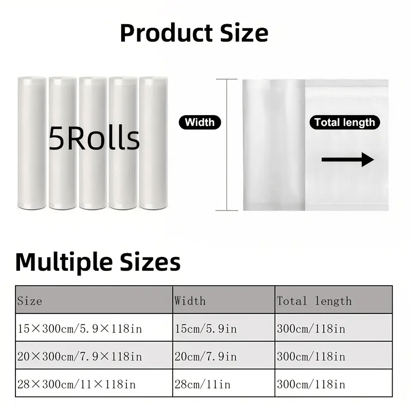5pcs Vacuum Seal Rolls 3m Textured BPA-Free for Meat Veggies Fruits Storage
