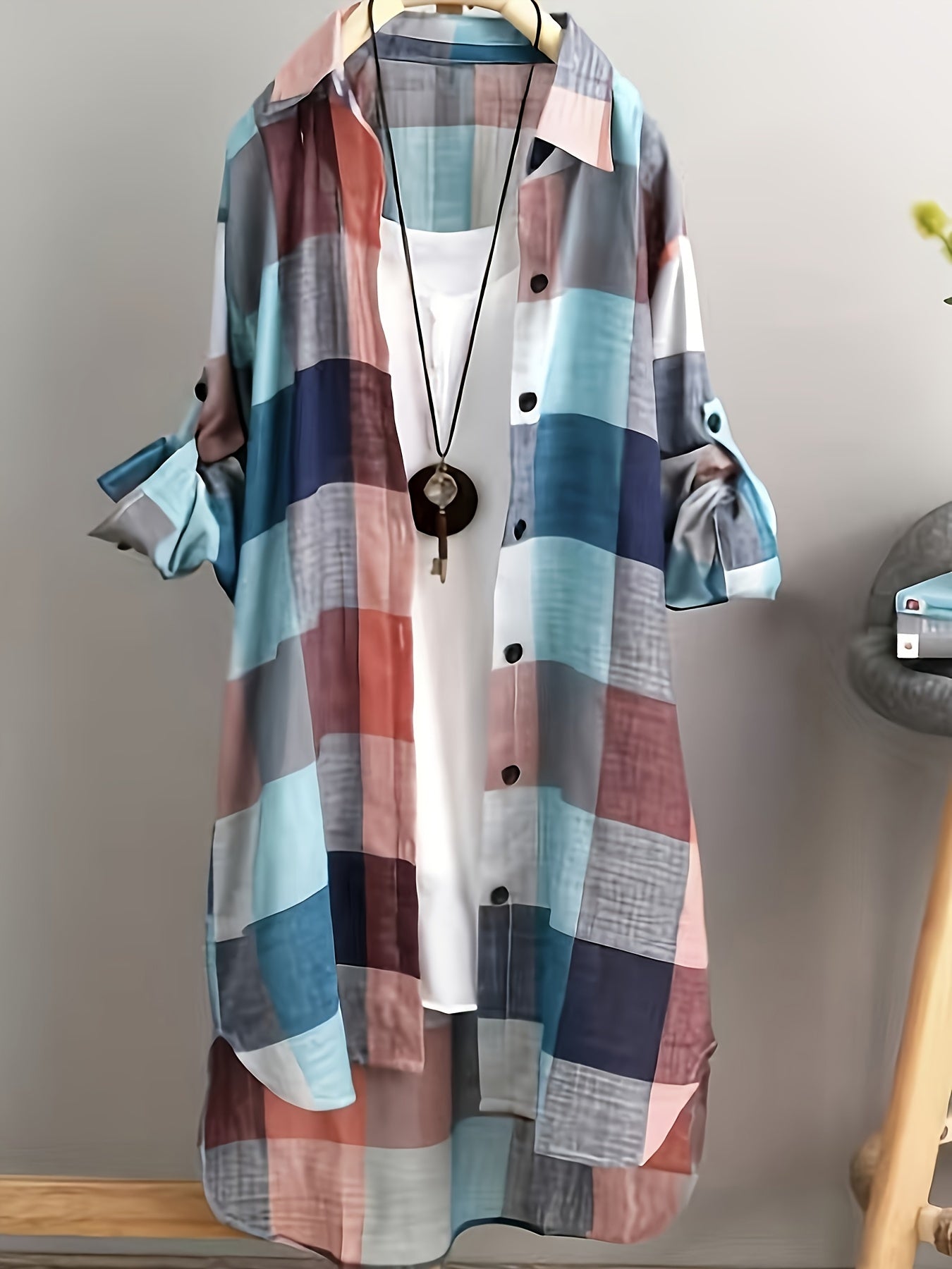 Plus Size Women’s Plaid Shirt Blouse Lightweight Semi-Sheer Button-Up Casual Top