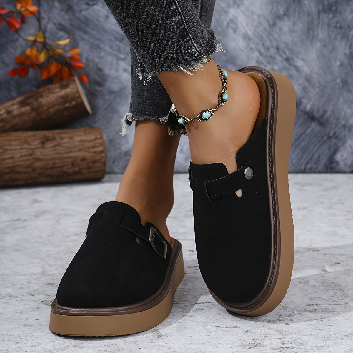 Women's Casual Buckle Loafers All-Season PU Upper Rubber Sole Flannel Insole
