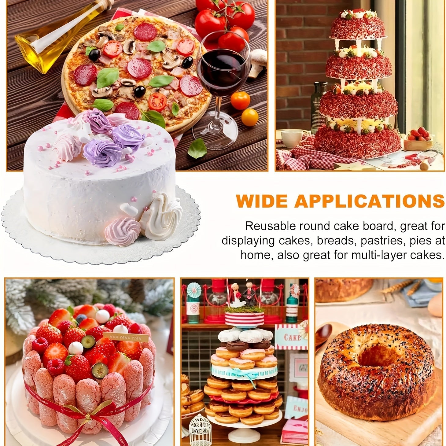 Set of 10 Silver Round Cake Boards with Scallop Edge, Disposable, Grease Proof