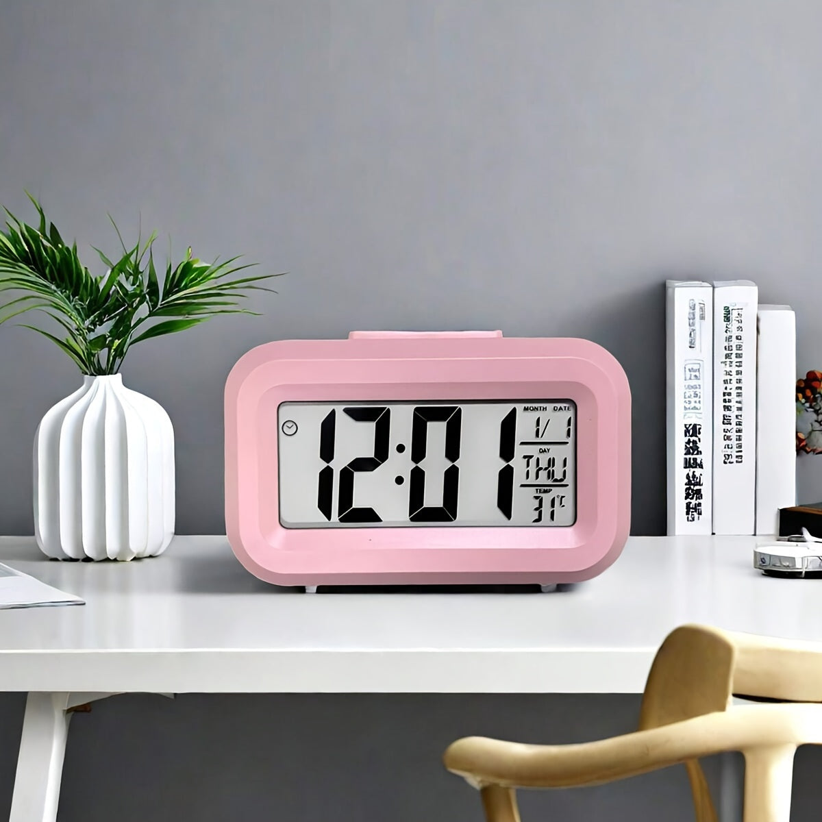 Pink Mini LED Desk Clock with Backlight Temperature Calendar Digital Display Battery-Powered