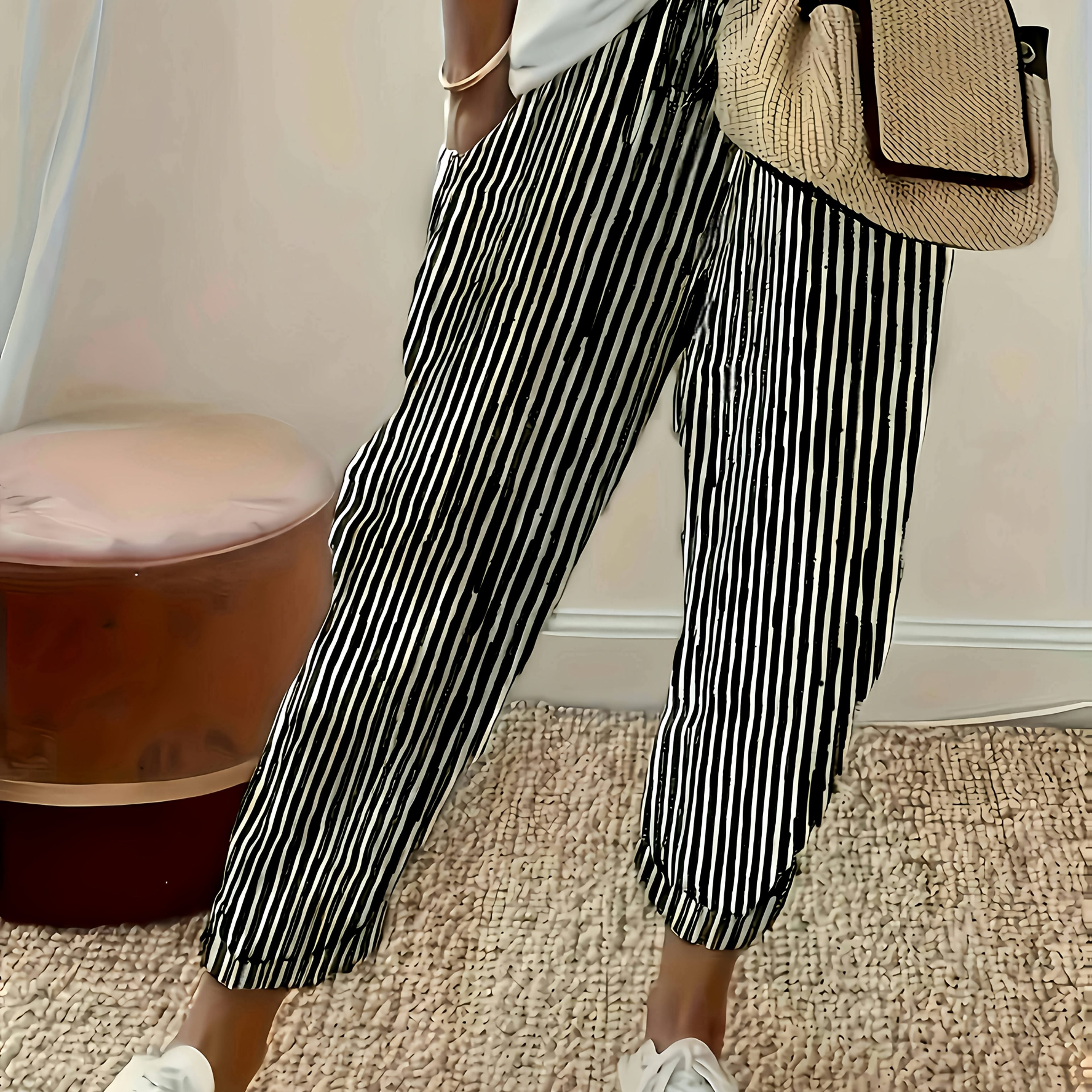 Pantalones casual de mujer de talla grande, ligeros, a rayas en negro y blanco