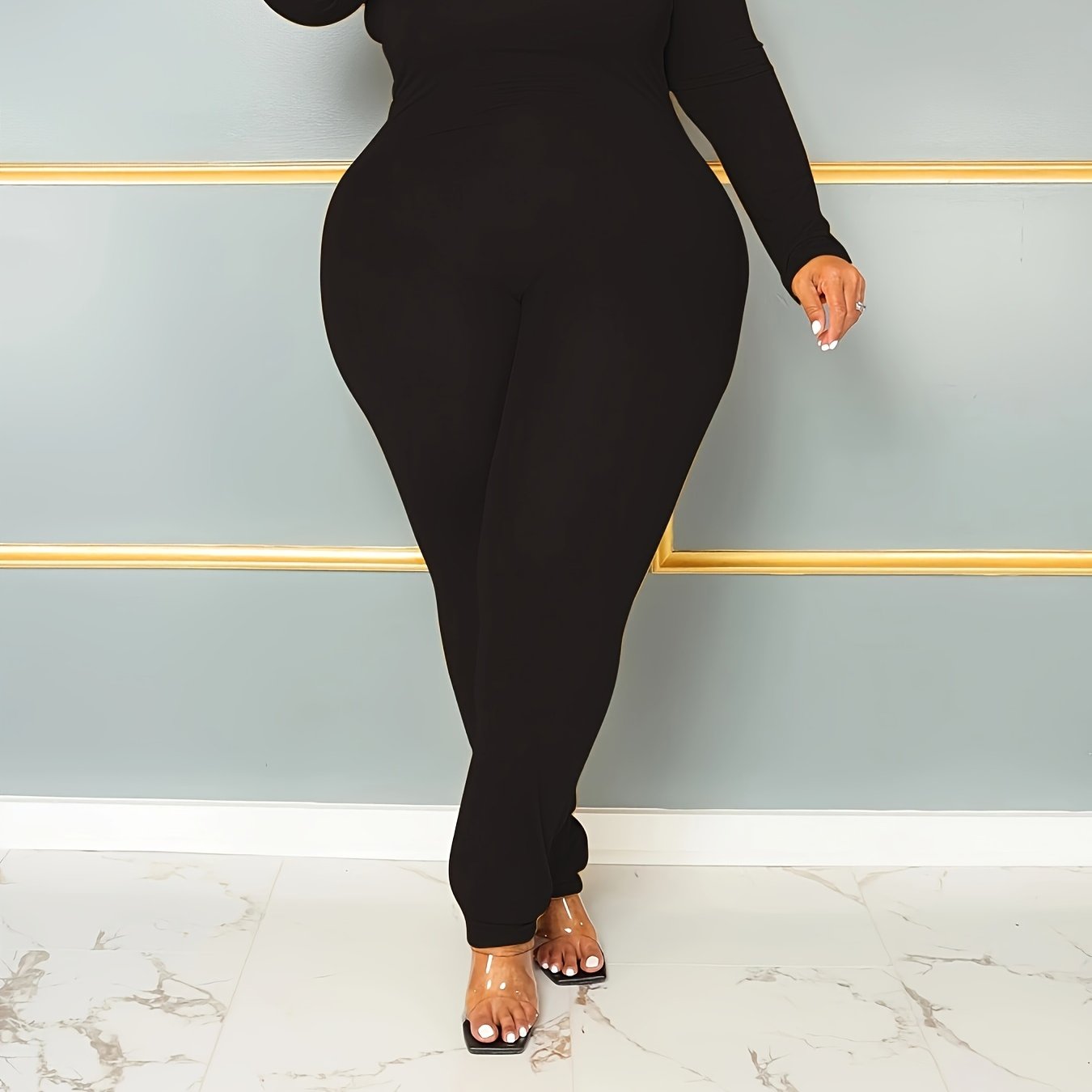 Plus Size Women's Casual Long Sleeve Skinny Jumpsuit in Solid Colors