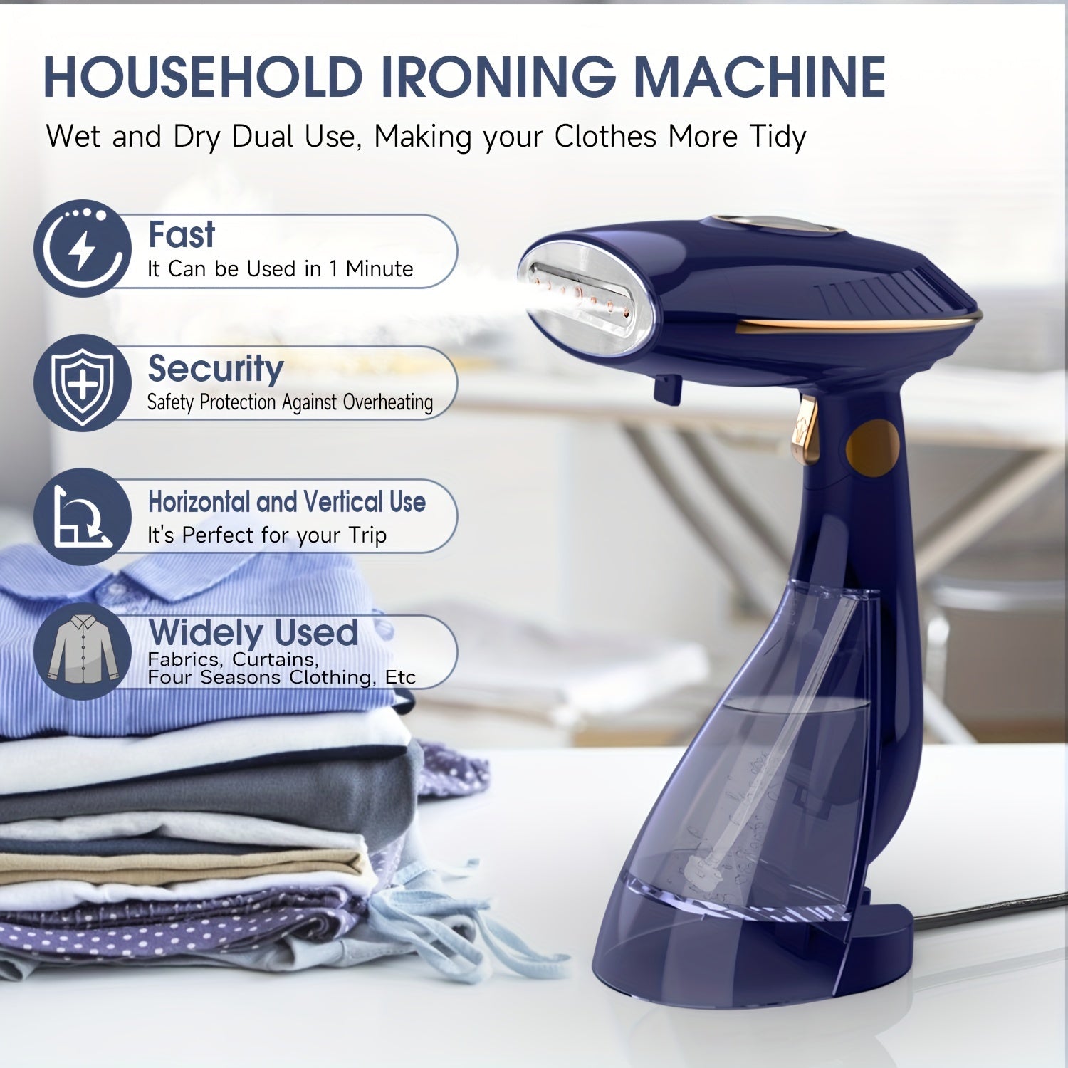 PANCERKA 1500W Портативный паровой утюг: Быстрый разогрев за 30 секунд, защита от перегрева, большой водяной бак, вертикальная глажка, стабильная подача пара для эффективного удаления складок, европейский стандарт