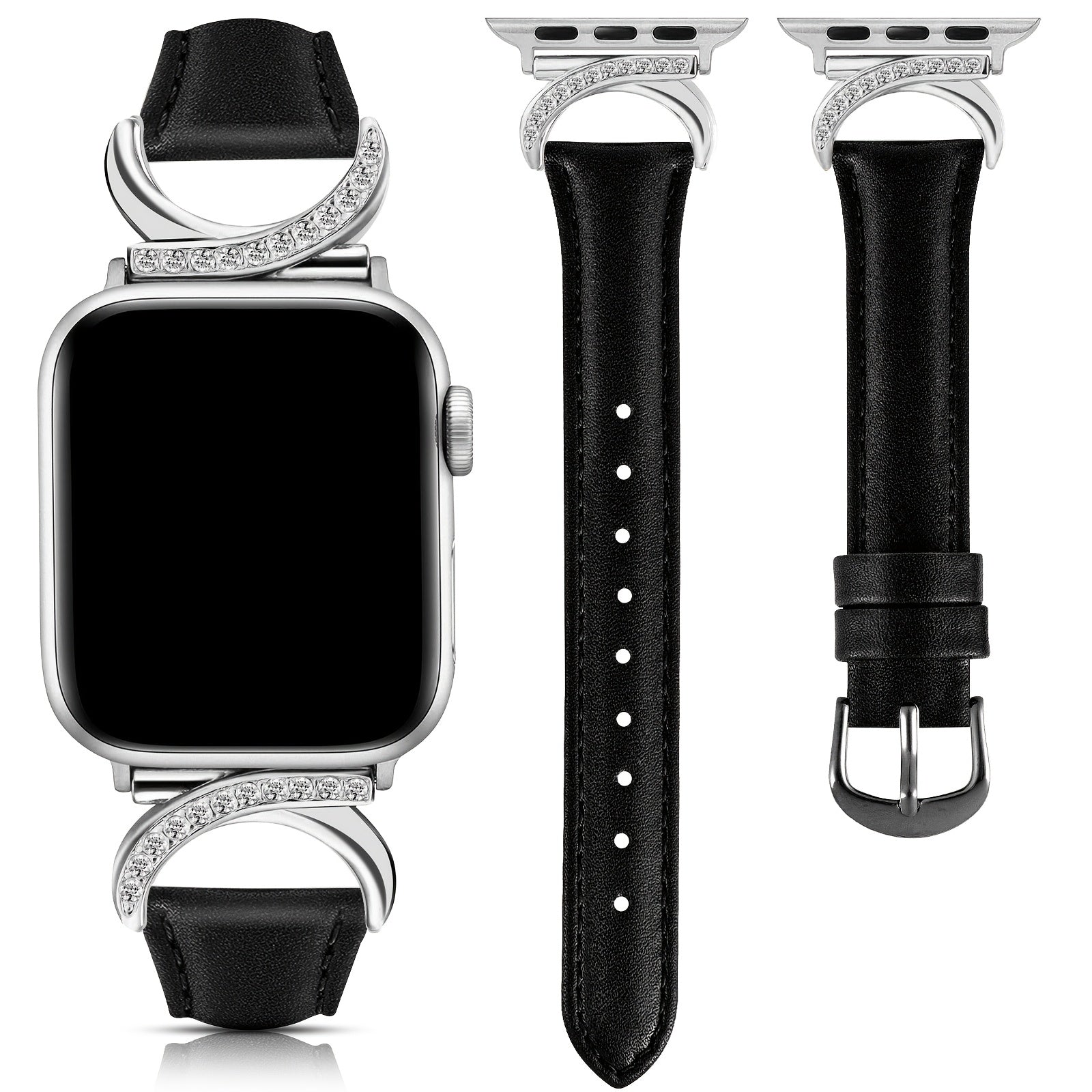Women's Ultra-Thin Calfskin Watch Strap for Apple Watch Series 1-9 38mm-49mm Rhinestone Design