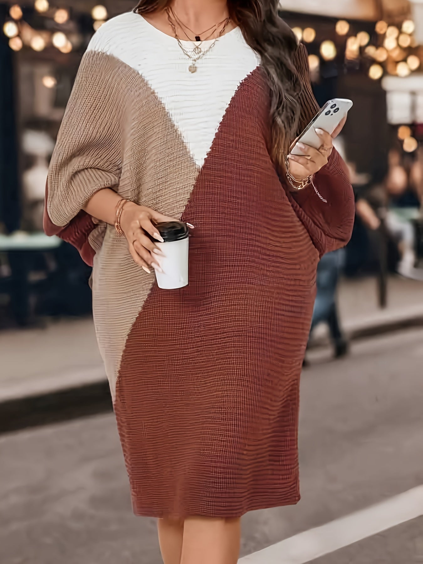 Plus Size Color Block Sweater Dress Long Sleeve Casual Loose Fit Women's Clothing