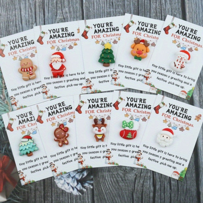 Set of 10 Christmas Greeting Cards with Resin Charms, Festive Santa, Reindeer, Snowman Designs