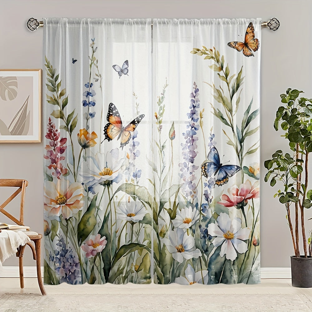 Cortinas de tul con estampado floral vibrante y mariposas para sala de estar o dormitorio poliéster semi-transparente