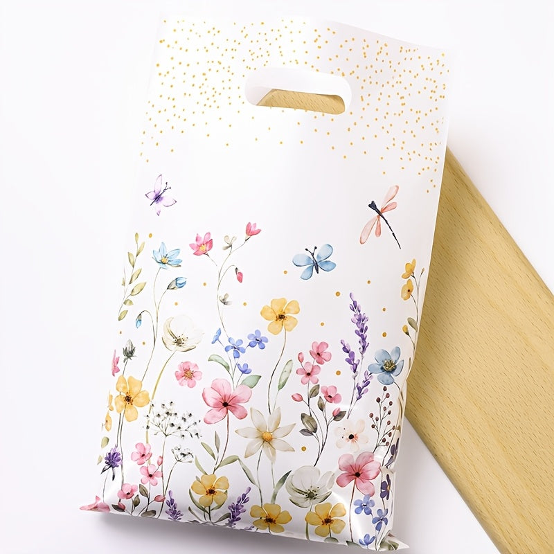 Bolsas de regalo de plástico con diseño de hojas y flores de la temática Wildflowers, set de 10, 25, 50, con asa de punzón