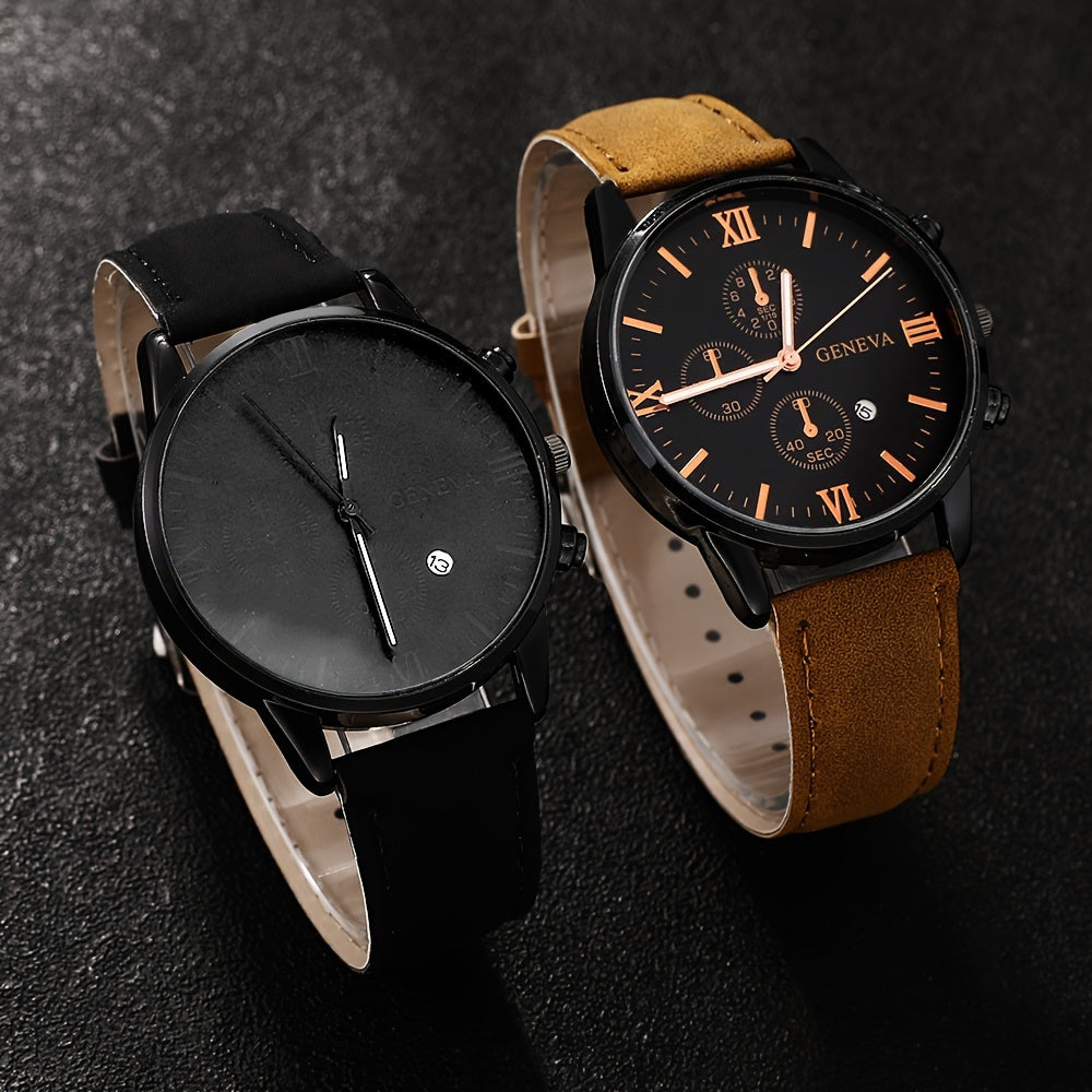 Men's Quartz Watch Set with Calendar Leather Strap Analog Stylish Alloy Case for Graduation or School
