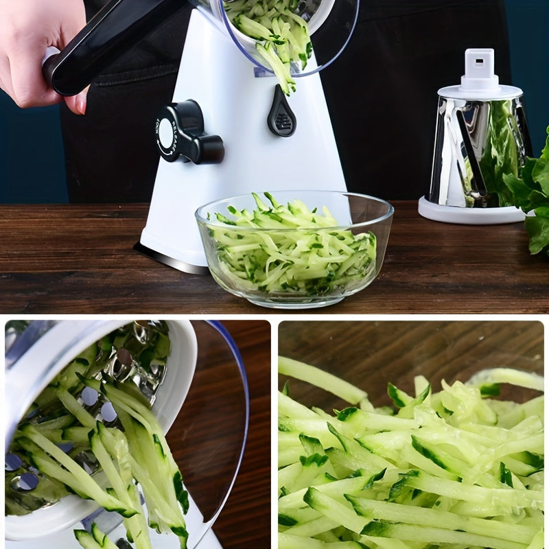 Rallador de queso de mano con mango de seguridad y base de succión fuerte, 3 cuchillas de acero inoxidable para rallar nueces, zanahorias, frutas y patatas