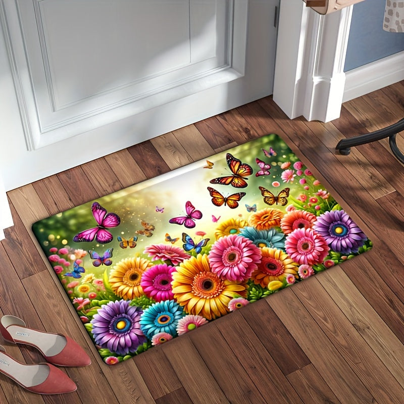 Flannel Flower Kitchen Rug Waterproof Non-slip Absorbent Anti-fatigue Mat with Sunflower Design