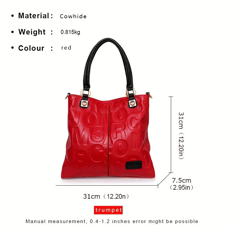 Bolso tote de cuero de vaca rojo para mujer con cierre de cremallera y patrón geométrico forro de poliéster