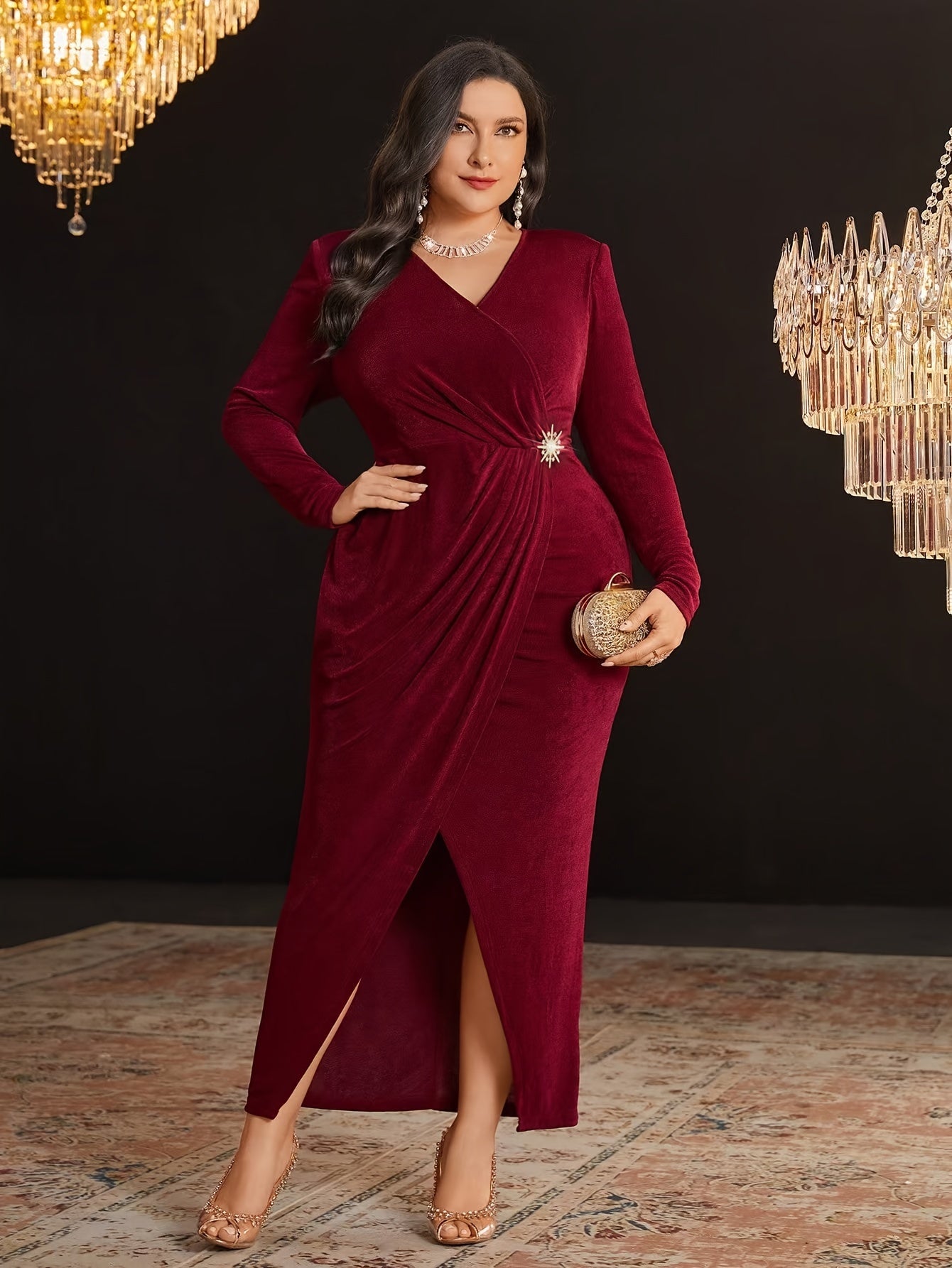 Plus Size Long Sleeve Bodycon Dress Polyester Knit Solid Color All-Season