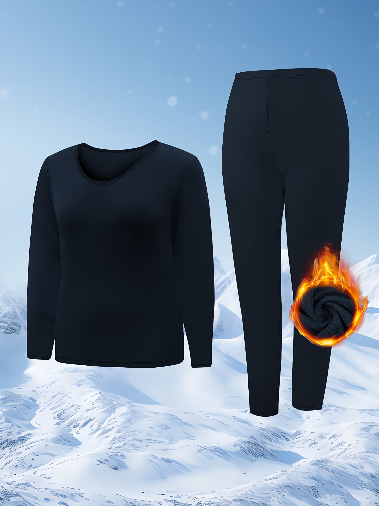 Plus o'lchamli termal ichki kiyim to'plami, mo'yna bilan qoplangan, dumaloq bo'yin, asosiy to'liq rang