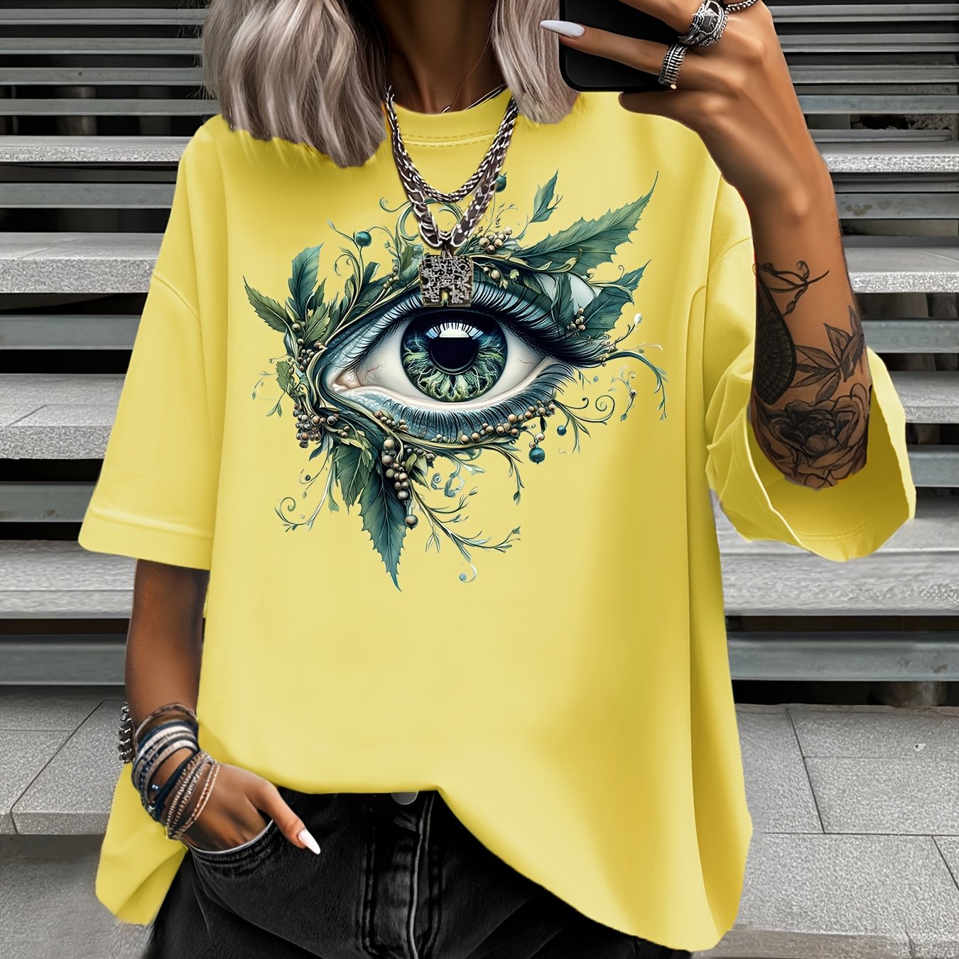 Women's Plus Size Nature-Inspired Eye Print T-Shirt Casual Short Sleeve Green Leaf