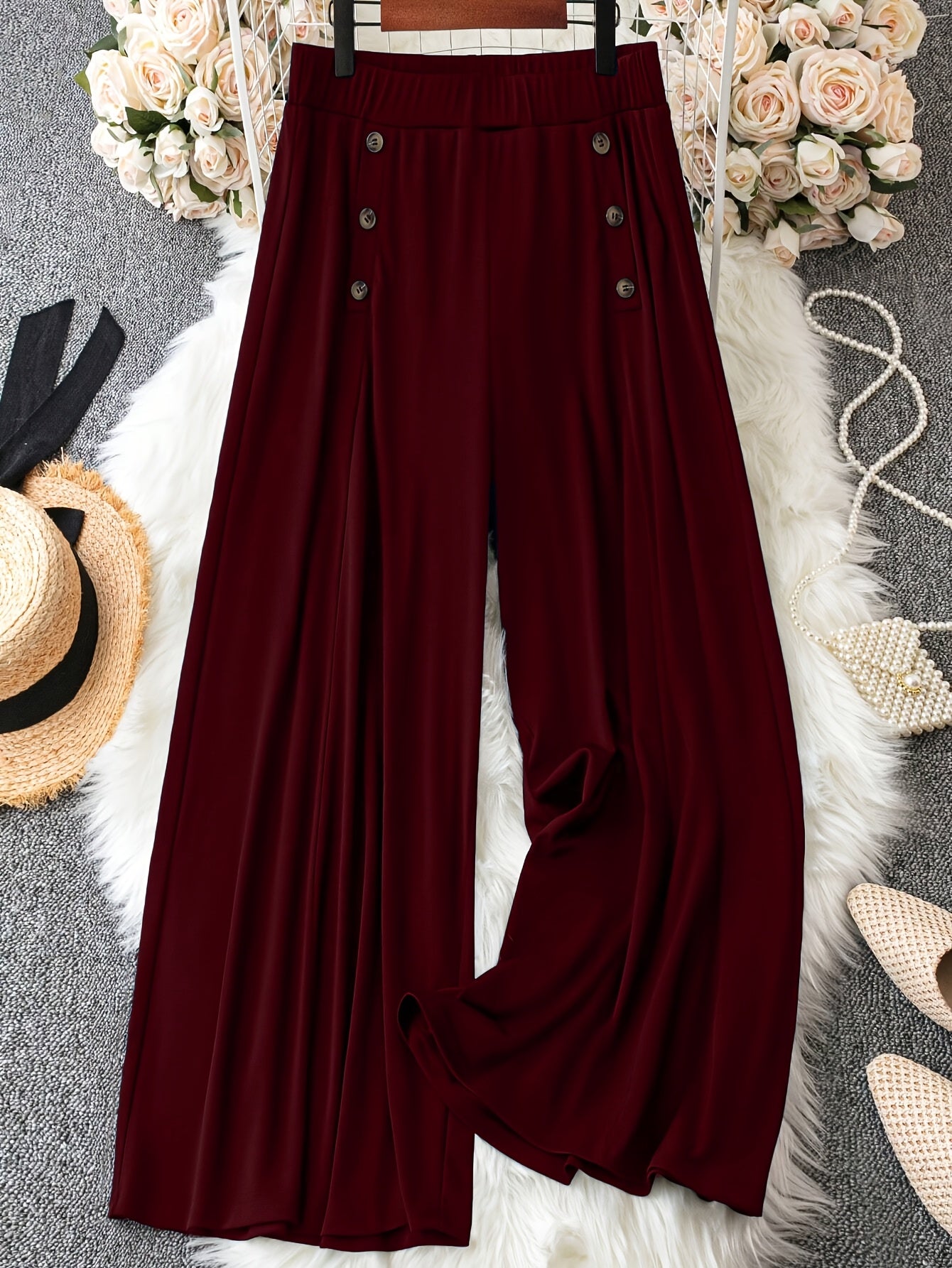 Pantalones de pierna ancha de color sólido para tallas grandes con detalles de botones para mujeres