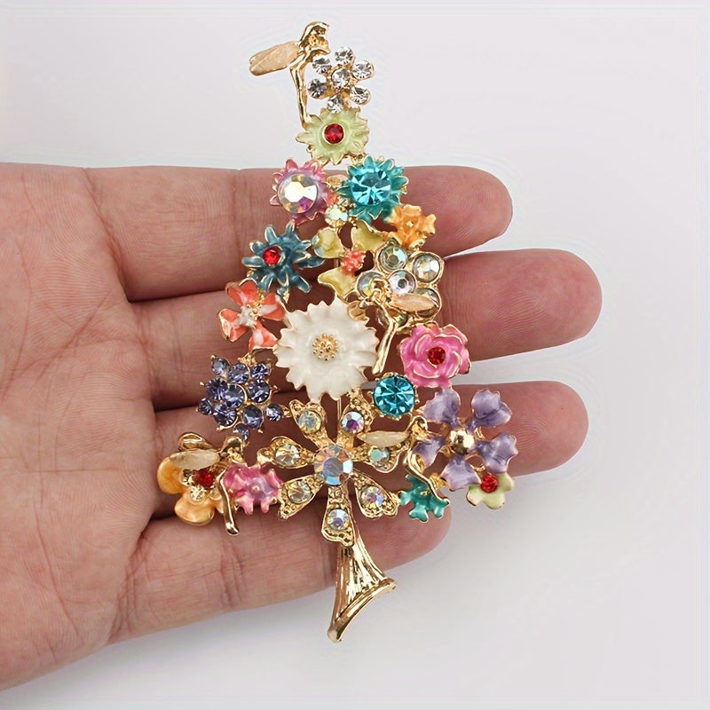 Enamel Christmas Tree Brooch with Vibrant Colors Vintage Rhinestone Inlay Stylish Corsage for Women