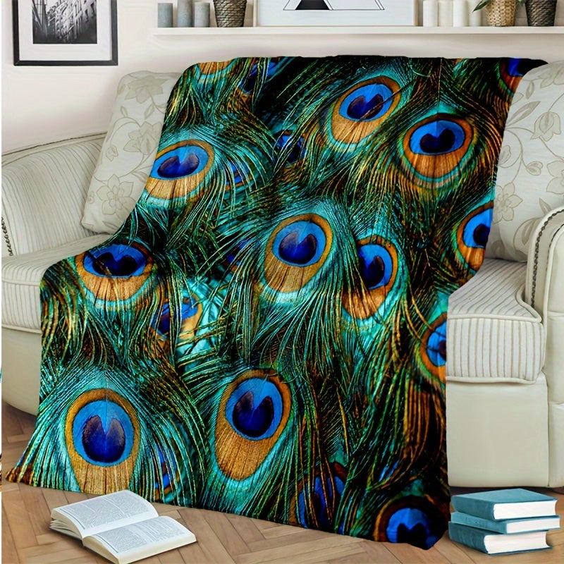 Flannel Blanket with Peacock Feather Pattern for All Seasons Soft Warm Cozy Bed Throw