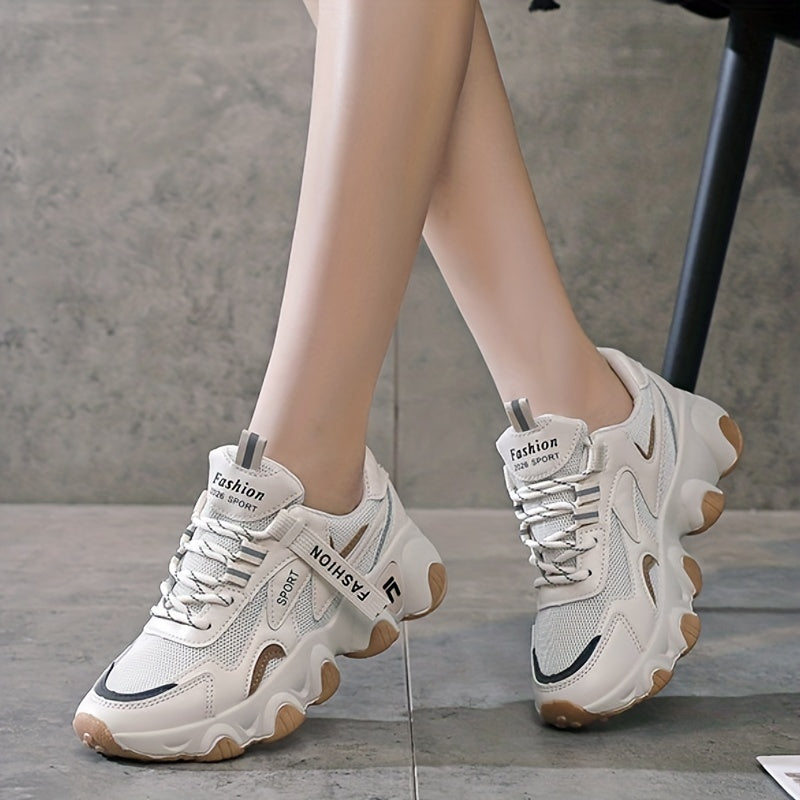 Women's Breathable Mesh Athletic Sneakers White Purple Low Top Lace-Up Thick Sole Sporty Design