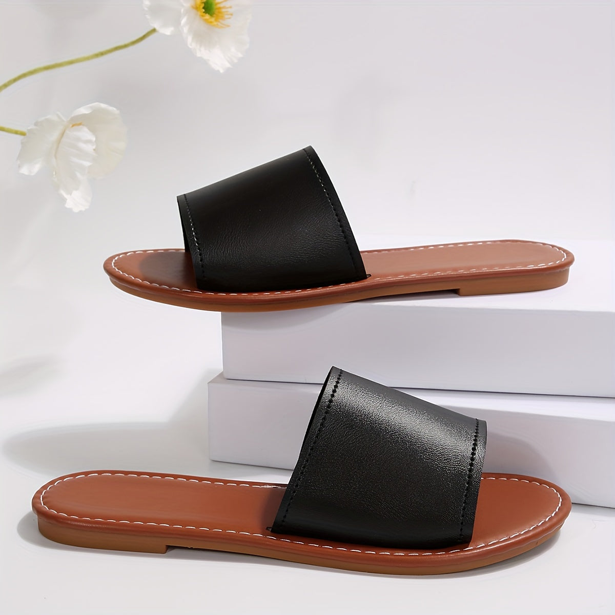 Women Flat Sandals Single Strap Black Summer Casual Flip Flops