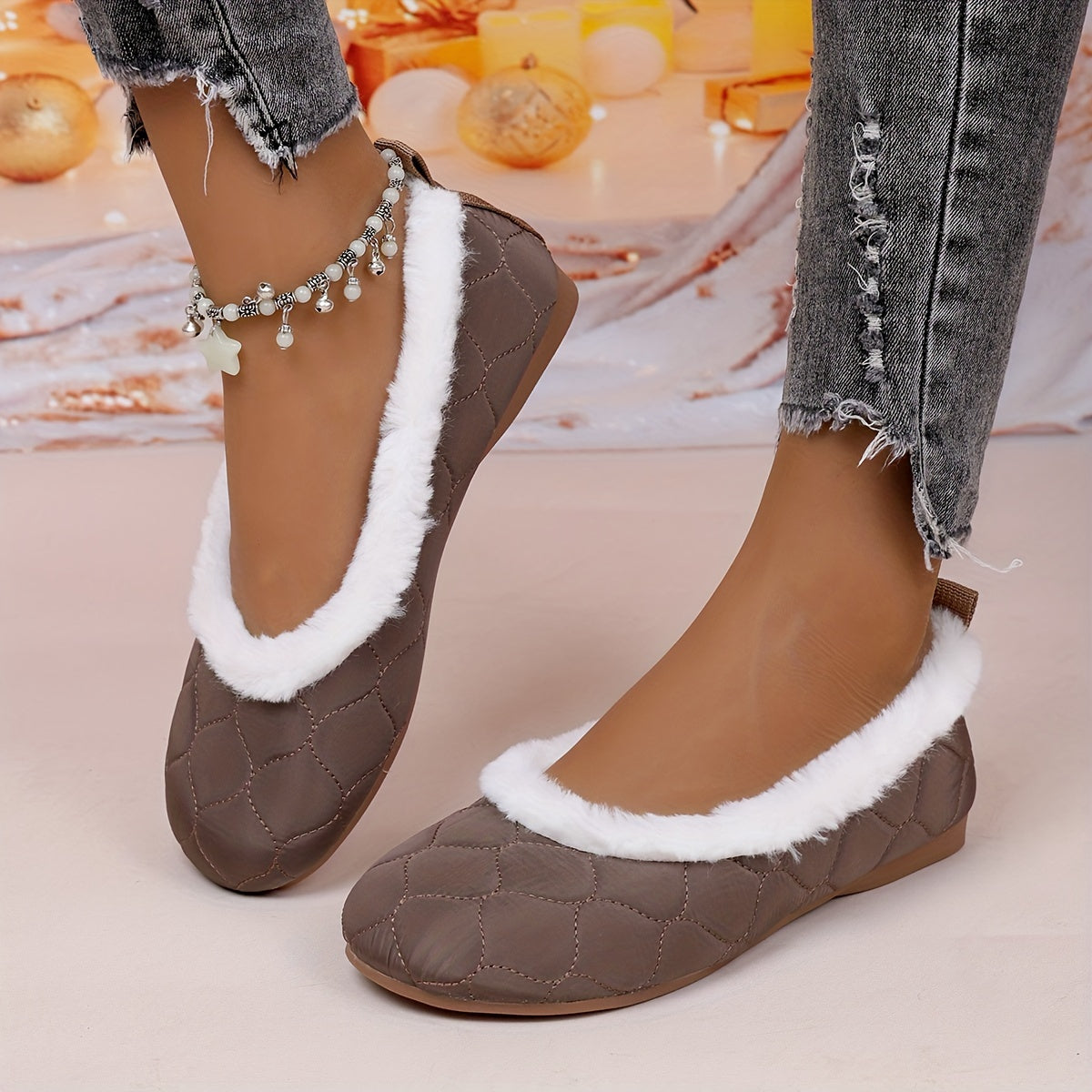 Plus-Size Women's Faux Fur Lined Mary Jane Flats Brown Beige White Winter Indoor Shoes