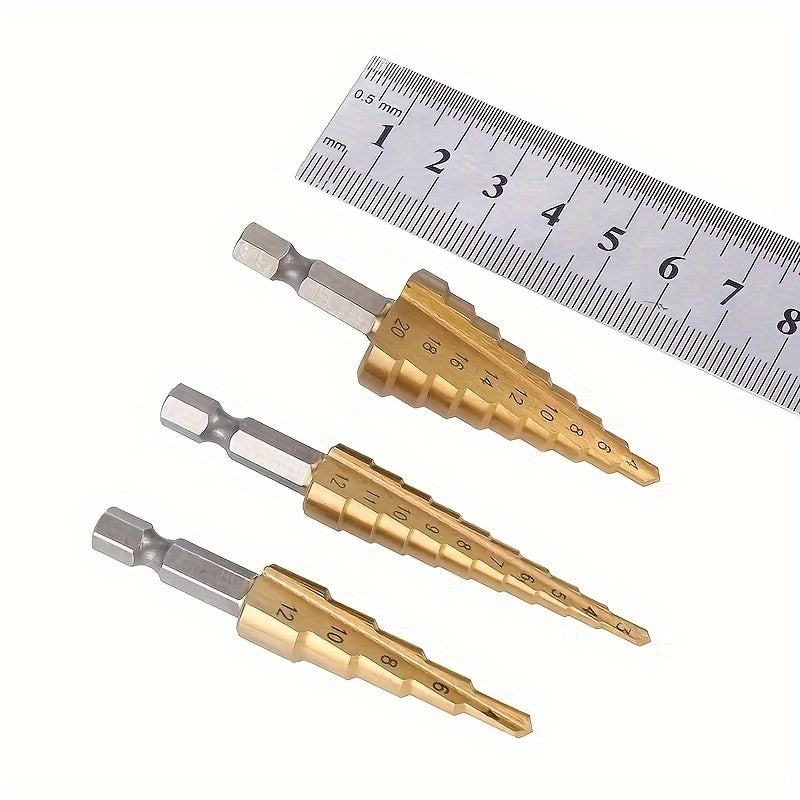 HSS Step Drill Bits Titanium Coated for Wood and Metal Precision Drilling Set of 3