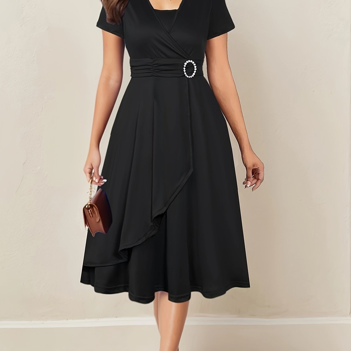 Women's Rhinestone V-Neck Dress with Asymmetrical Hem and Tie Waist