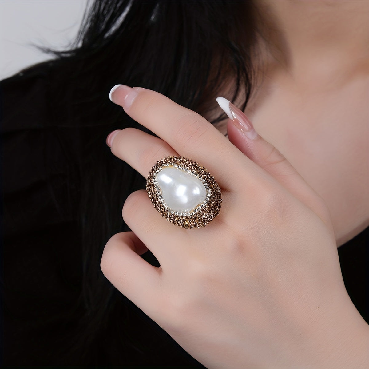 Chic Barok marvarid uzuk, rhinestone aksentlari bilan bezatilgan - Partiyalar va sovgalar uchun ideal, har qanday tadbirga mos keladi