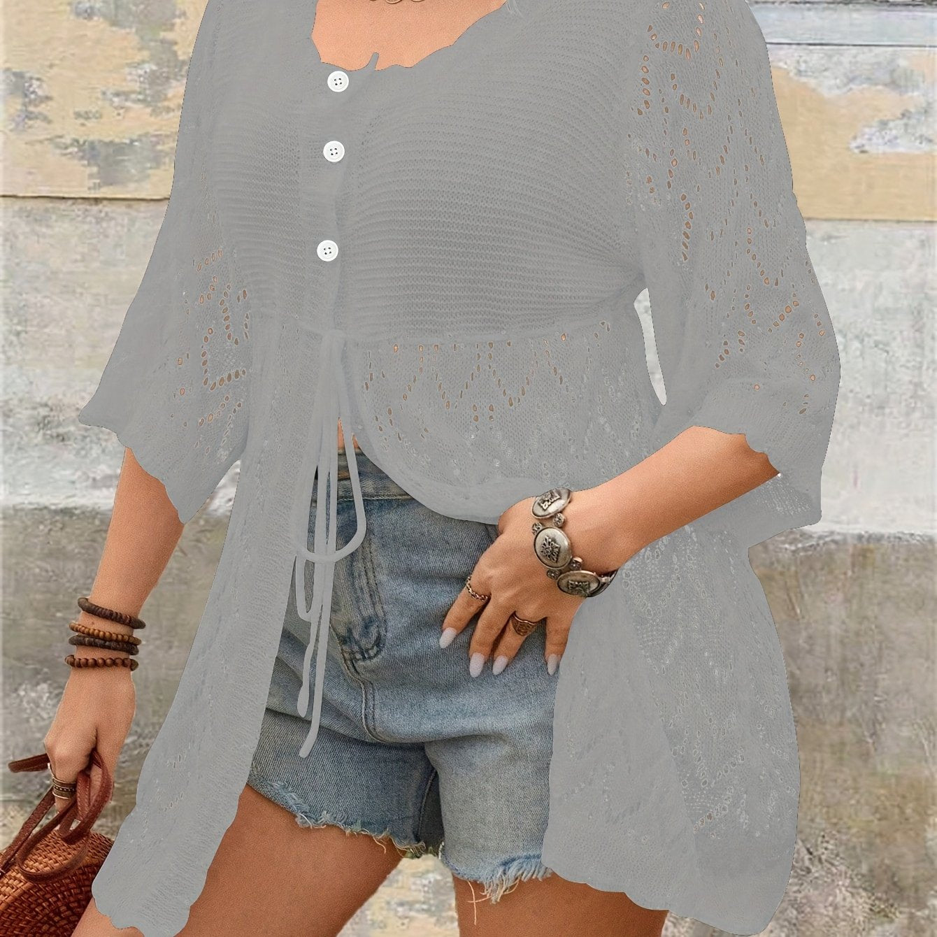 Women Plus Size Tie-Front V-Neck Cardigan for Spring and Autumn