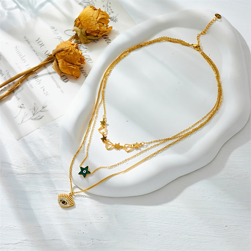 Стильное многоуровневое ожерелье с подвесками в виде глаза и звезды - изготовлено из нержавеющей стали с акцентами из кубического циркония, идеально подходит для повседневной носки и подарков, идеально для креативных, заботливых и праздничных случаев