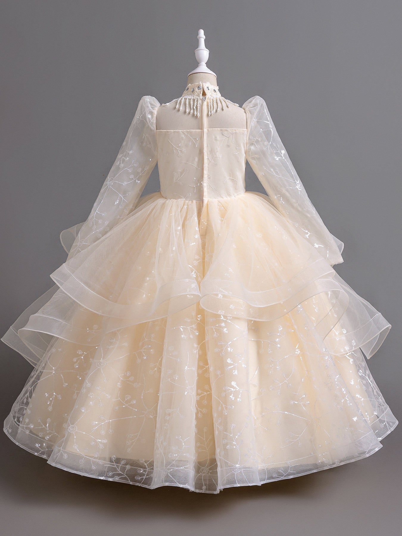 Girls Long Sleeve Evening Gown with Pearl Detail for Girls' Formal Events Polyester Dress