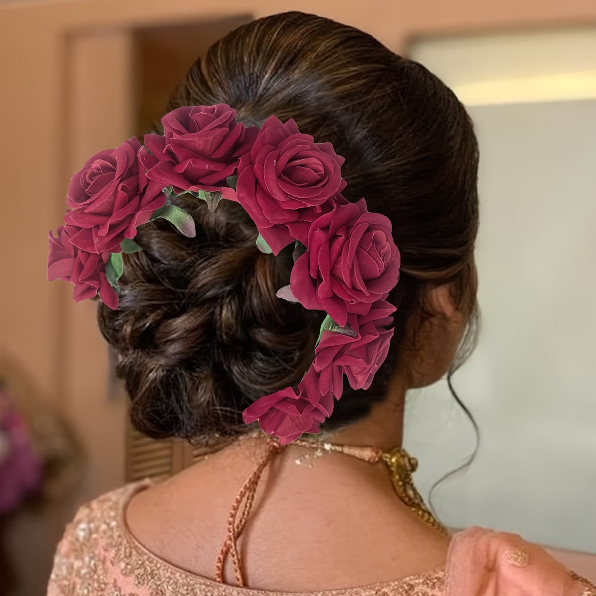 Bridal Flower Headpiece Faux Rose Vine Hair Accessory for Beach Wedding Bun