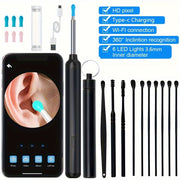 6 ta quloq qopqog'i, 10 ta quloq qazish asbobi, kamera, HD sifatida, va iPhone va Android uchun qayta zaryadlanadigan quloq qopqog'ini olib tashlash asbobi.