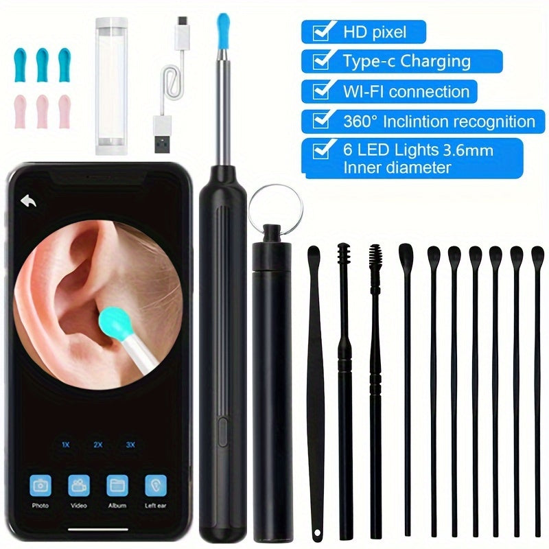 6 ta quloq qopqog'i, 10 ta quloq qazish asbobi, kamera, HD sifatida, va iPhone va Android uchun qayta zaryadlanadigan quloq qopqog'ini olib tashlash asbobi.