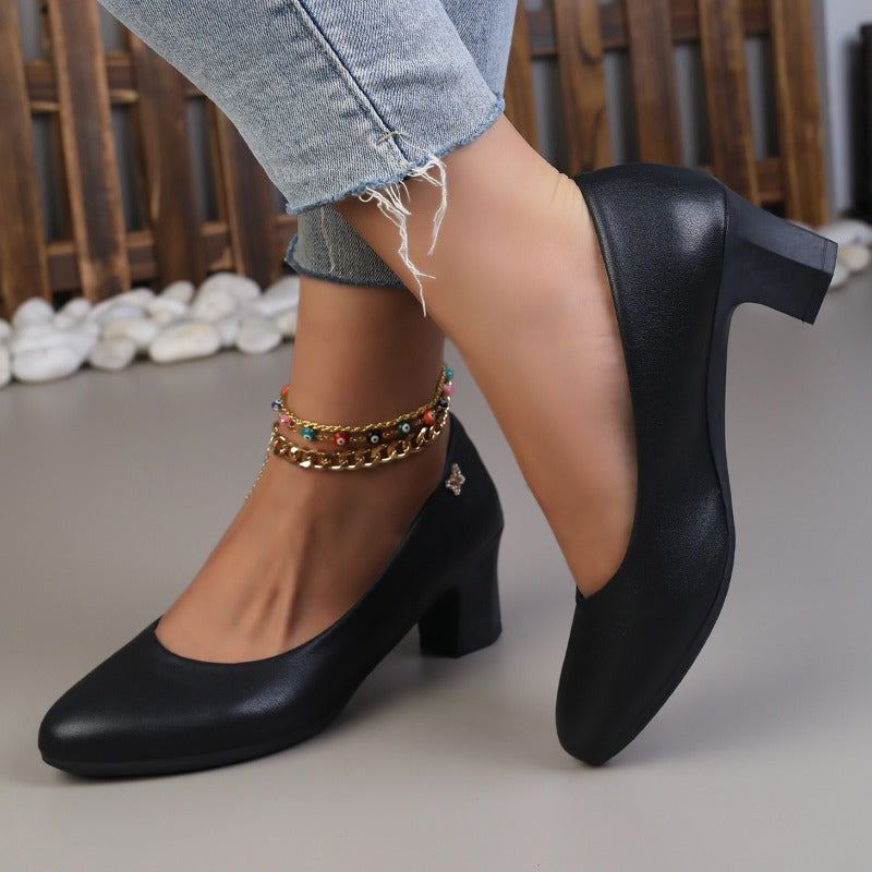 Women's Black Formal High Heels with Chunky Block Heel and Non-Slip Sole