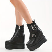 Women's Punk-Inspired Platform Ankle Boots with Buckle Zipper Black White
