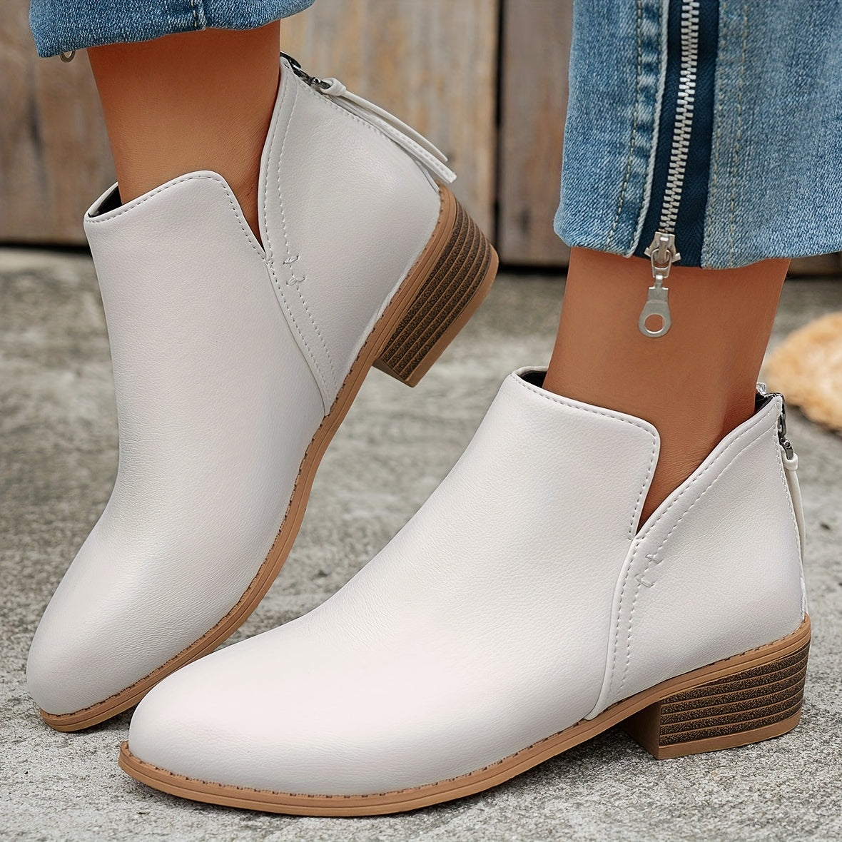 Women's White Ankle Boots Pointed Toe Chunky Heel Zipper Slip-On
