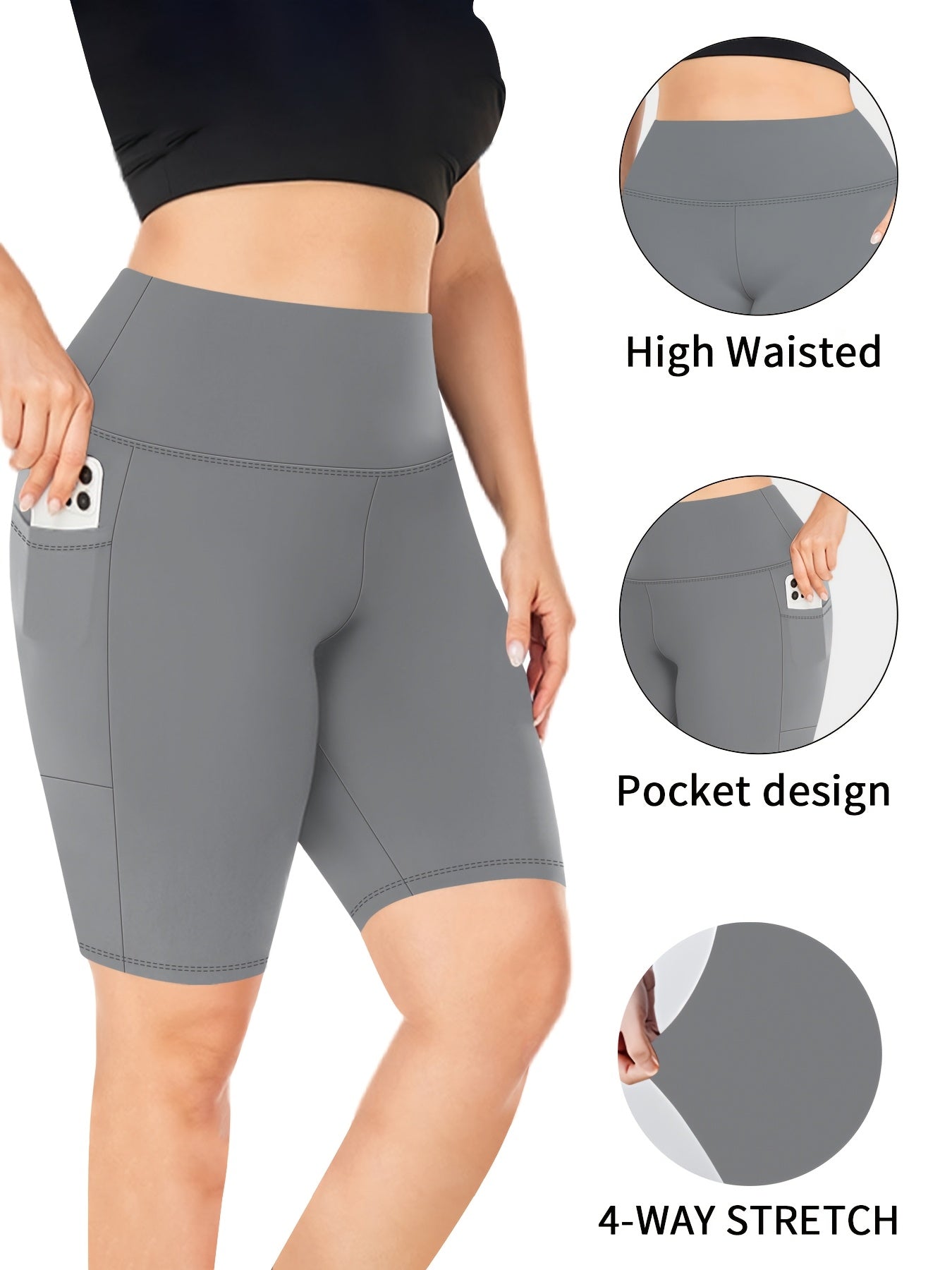 Pack de 3 leggings de talla grande para mujer de cintura alta con bolsillos laterales