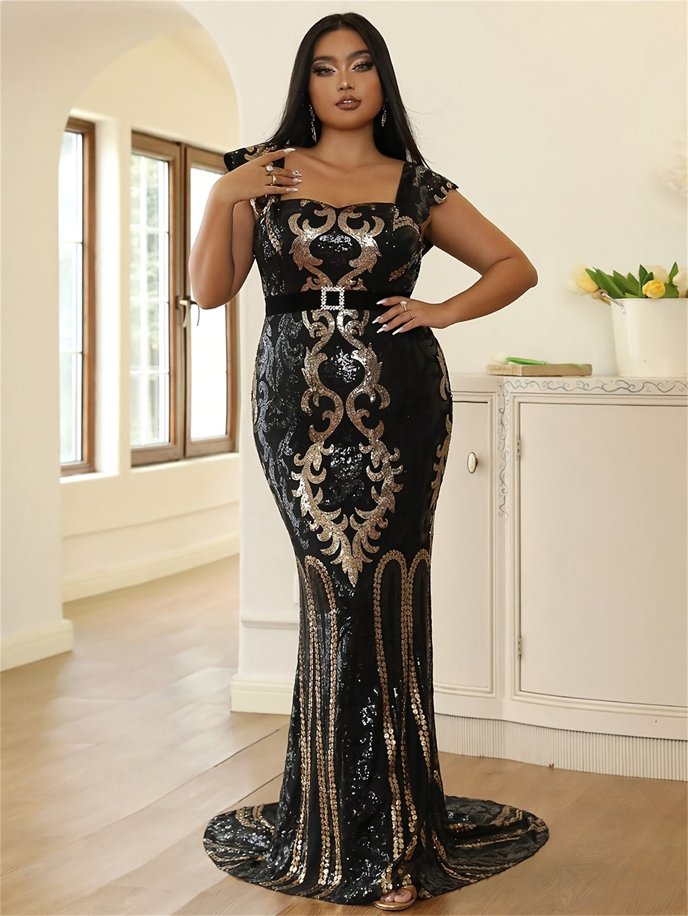 Women's Black Sequin Strapless Bodycon Dress High-Low Hem Formal Evening Gown