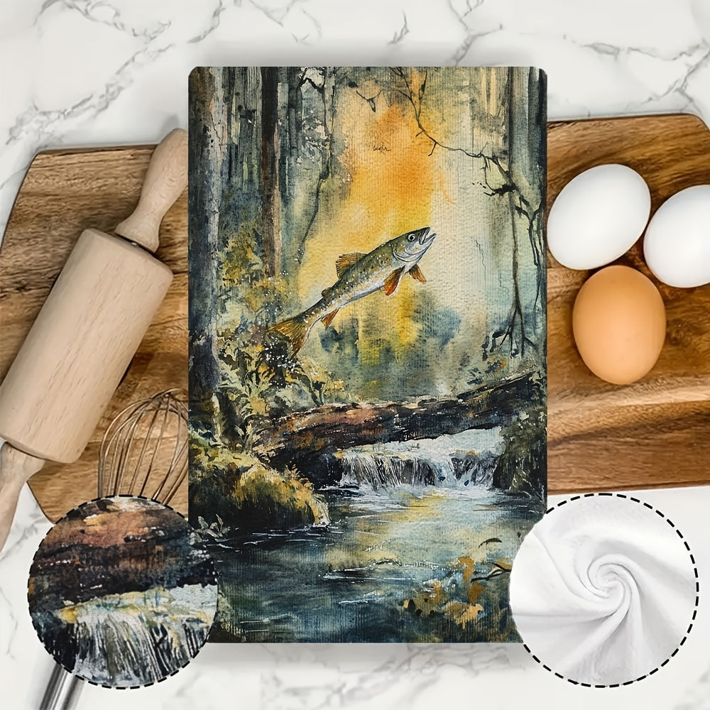 2 ta Ultra Soft oshxona sochiqlari to'plami 40x60cm, suv o'tkazmaydigan, o'rmon daryosi dizayni