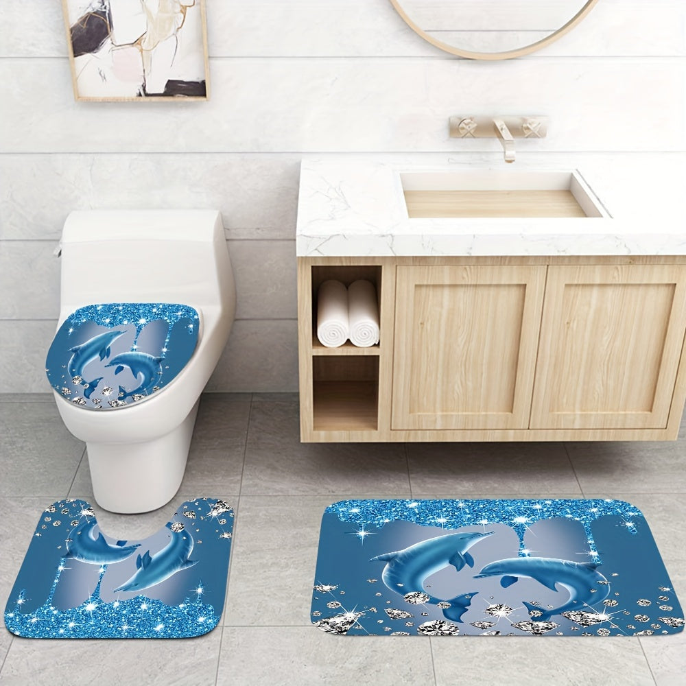Diamond Dolphin Print Shower Curtain Set Waterproof Polyester Bathroom Decor with Hooks Bath Mat Rug and Toilet Lid Cover