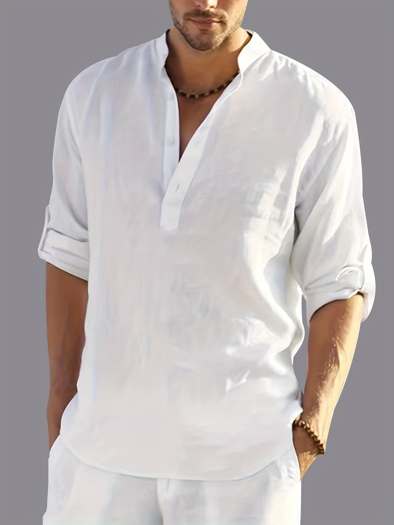 Camisa blanca de algodón para hombre con cuello alto, medio botón, bolsillo en el pecho y talla grande